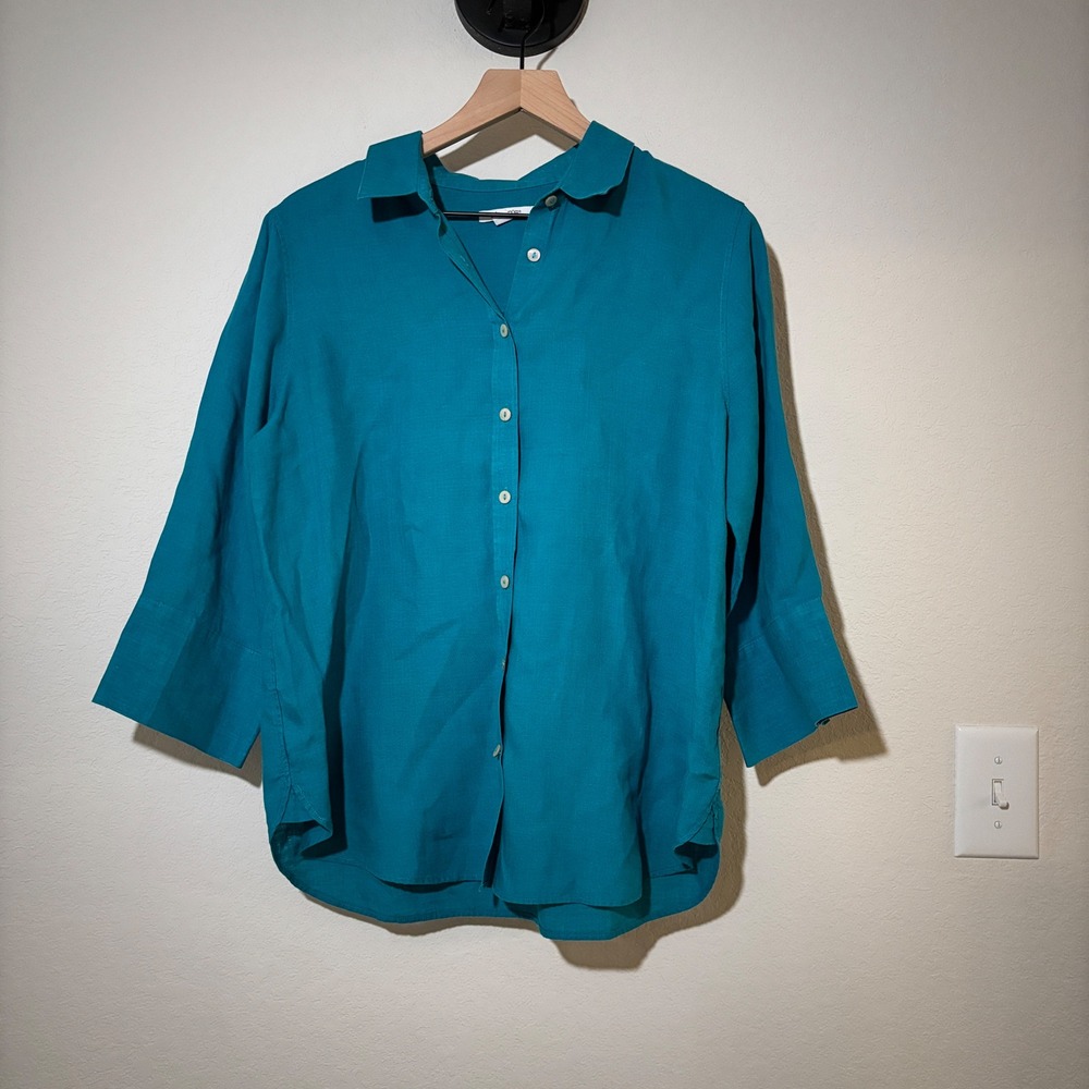 Chico's Button Down Shirt 1.5 Medium 10 100% Linen Teal Coastal Grandma
